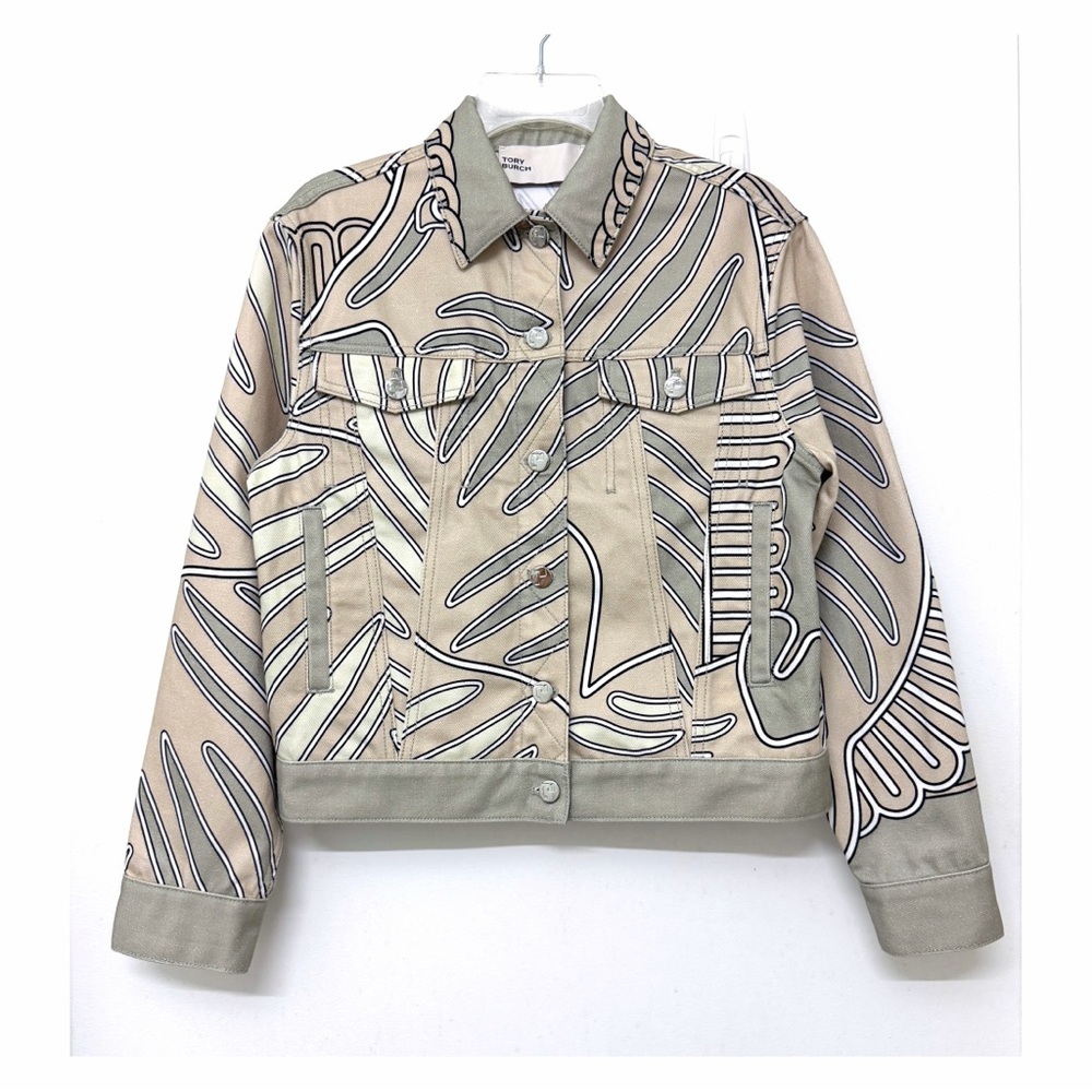 Tory Burch Khaki Zebra Scarf Denim Jacket Beige Green Gray Wavy Stripe Leaf 2